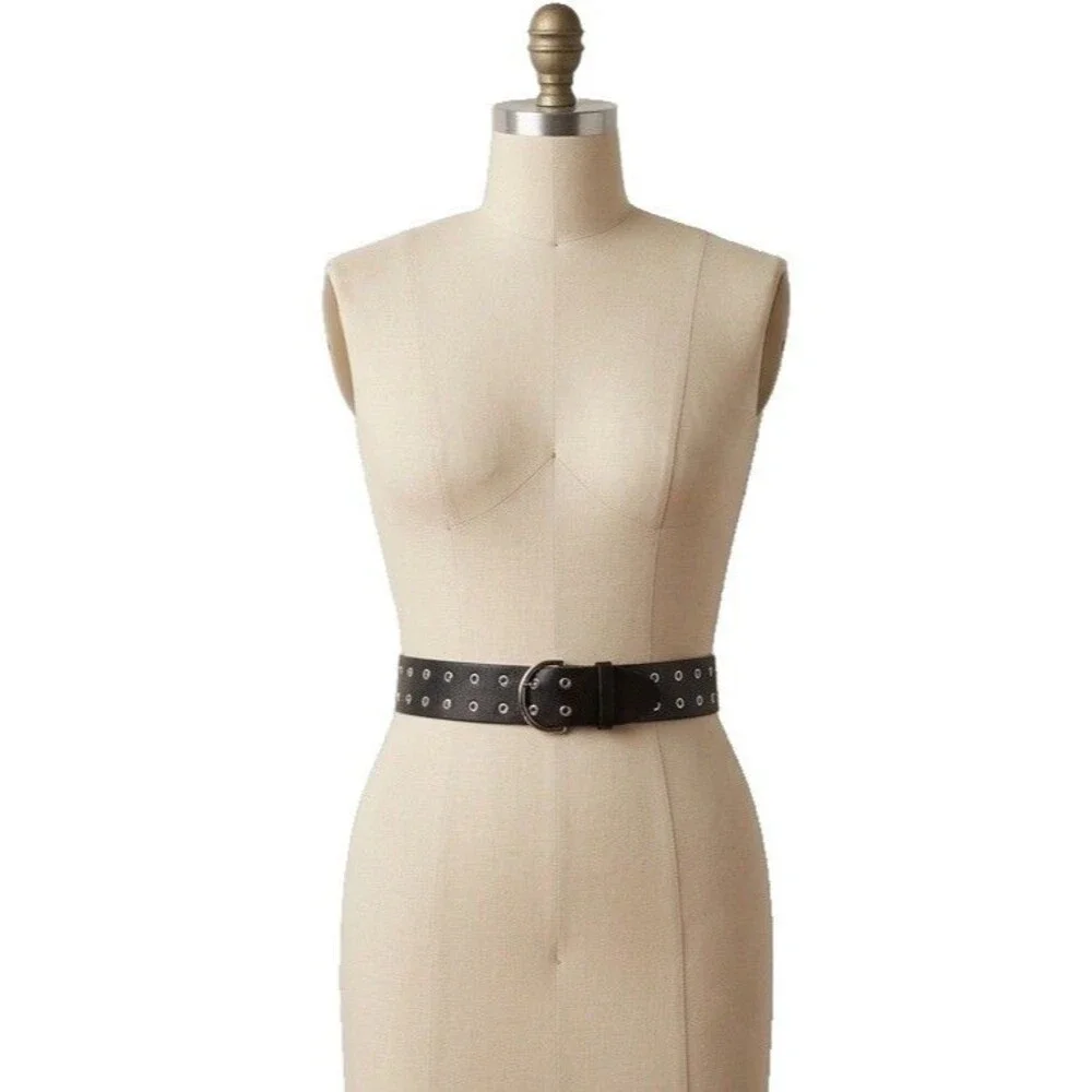 FRAME Vintage Black Leather Grommet Belt Silver D Ring Wide Eyelet Medium Y2K